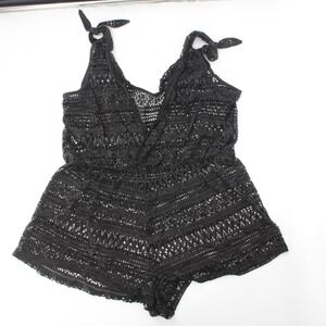 Women's Black Crochet Lace Tie Shoulder Romper One Piece Cover Up Size M-L